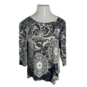 Rue Juju Women's Blouse Shirt ~ Sz PM ~ 3/4 Sleeve ~ Blue & White